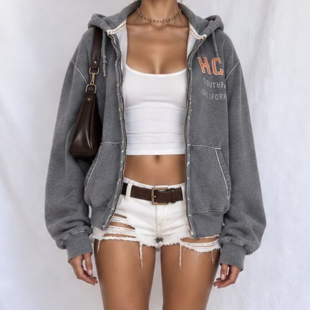 Vintage Y2K Hollister Gray Men's Distressed Destroyed Zip Up Hoodie Sweater M